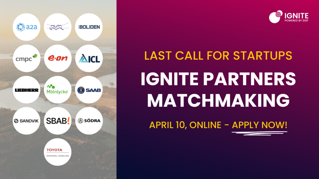 Banner calling for Swedish startups for Ignite Sweden's upcoming matchmaking event on April 10 with Ignite Corporate Partners.