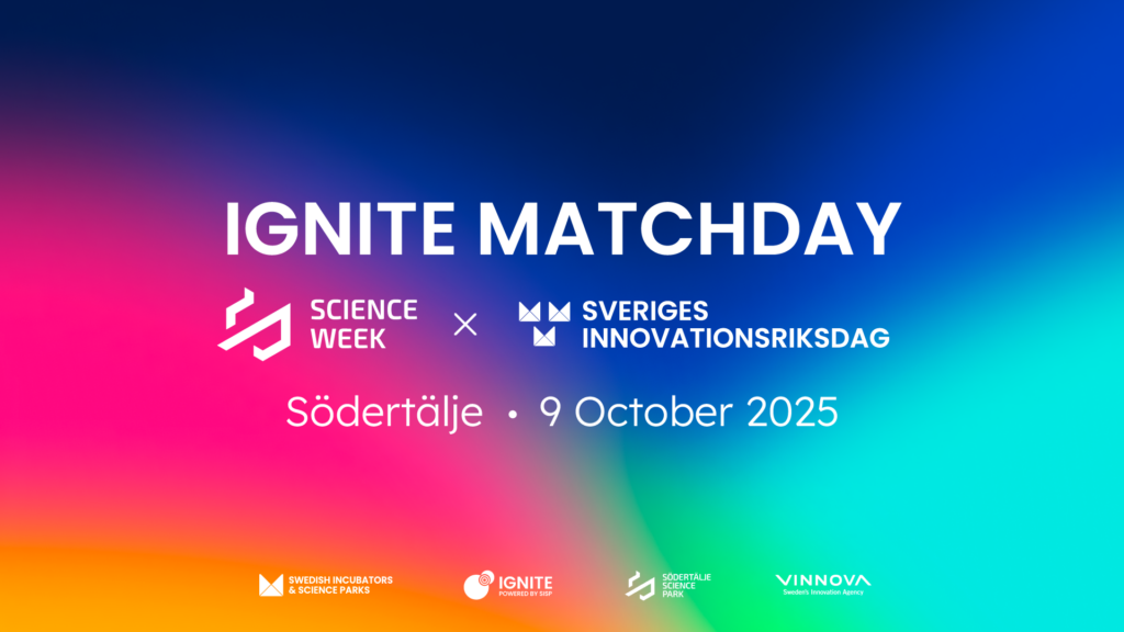 Banner of Ignite Sweden's matchmaking event taking place on October 9 in Södertälje as part of Sveriges Innovationsriksdag.